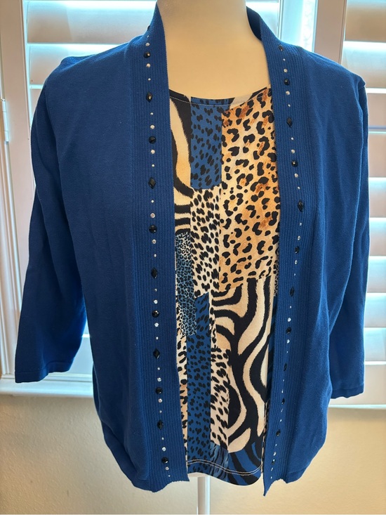 Alfred Dunner Sweaters - Alfred Dunner Royal Blue Beaded Cardigan with Animal Print Shell